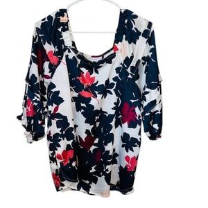 Liz Claiborne Floral Blouse Square Neck 3/4 Sleeve Top‎ White Blue Red M